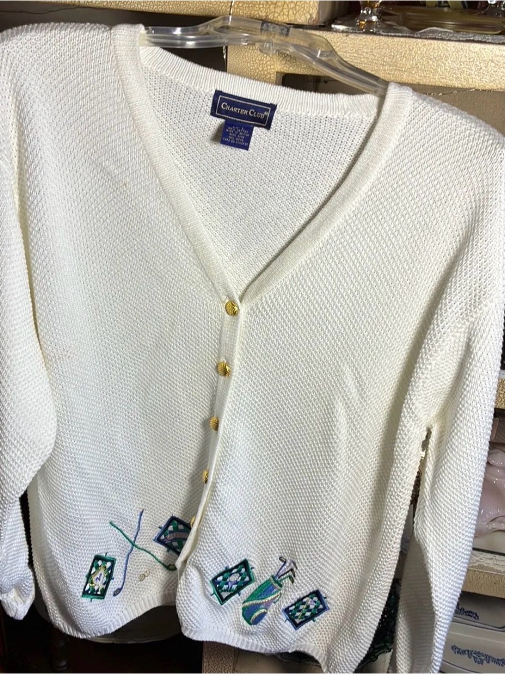 Charter Club Cream V-Neck Cardigan with Embroidered Motifs
